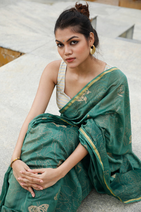 Handwoven Handprinted  Aquamarine Chanderi Saree